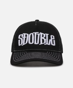 S Double Mid-Block Curved Peak Trucker Strapback Black