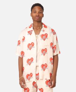 99 Cabana Roaming Hearts Short Sleeve Button Up Shirt Off White/Red