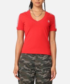 Adidas Women's 3 Stripe V-Neck T-Shirt Better Scarlet