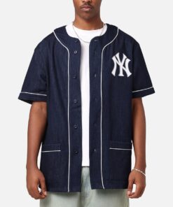 Majestic Athletic New York Yankees Denim Button Up Shirt Washed Navy Denim