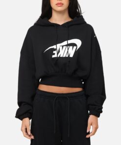 Nike Women's Sportswear Oversized Cropped Fleece Pullover Hoodie Black/Sail