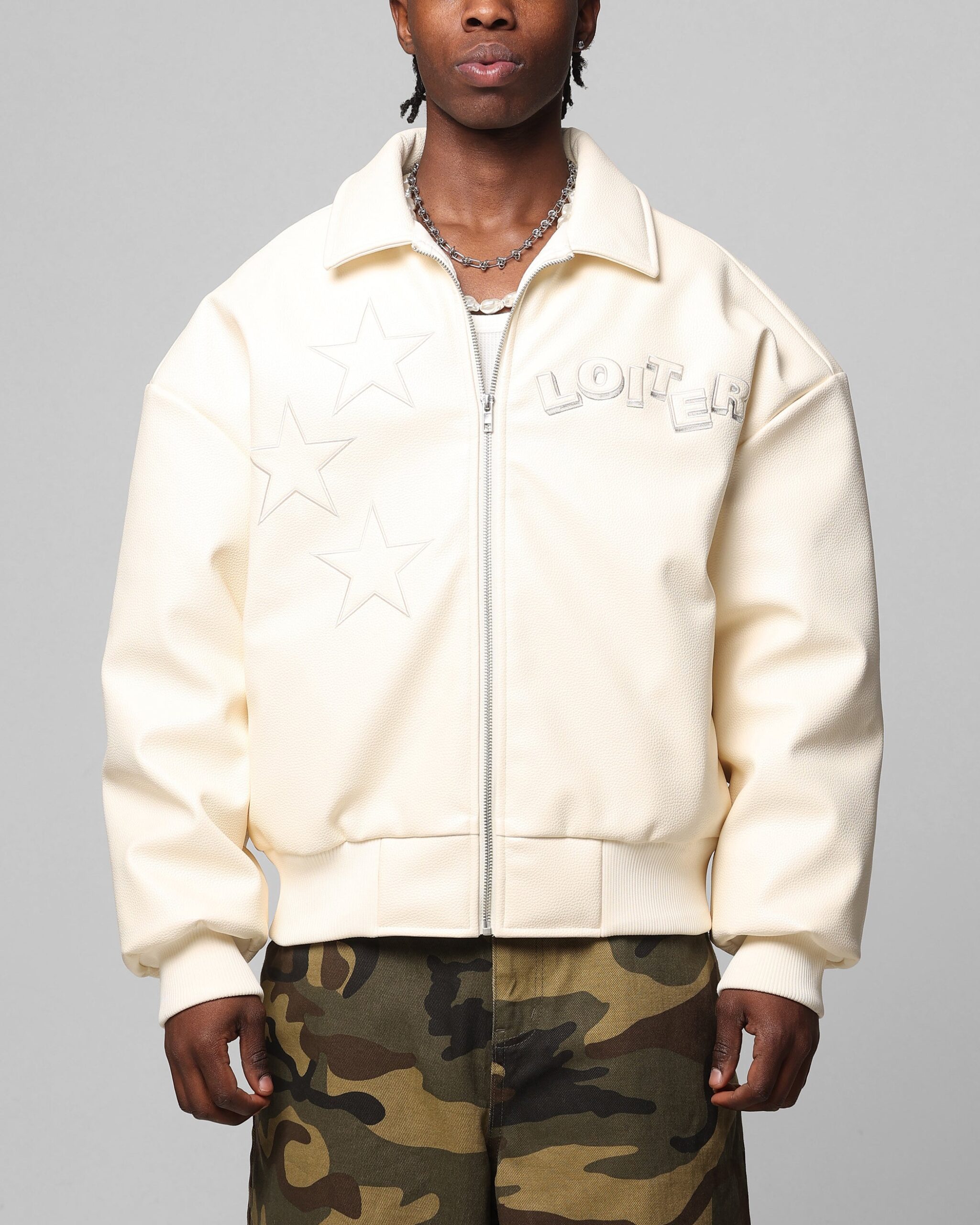 Loiter Solar PU Leather Varsity Jacket Beige