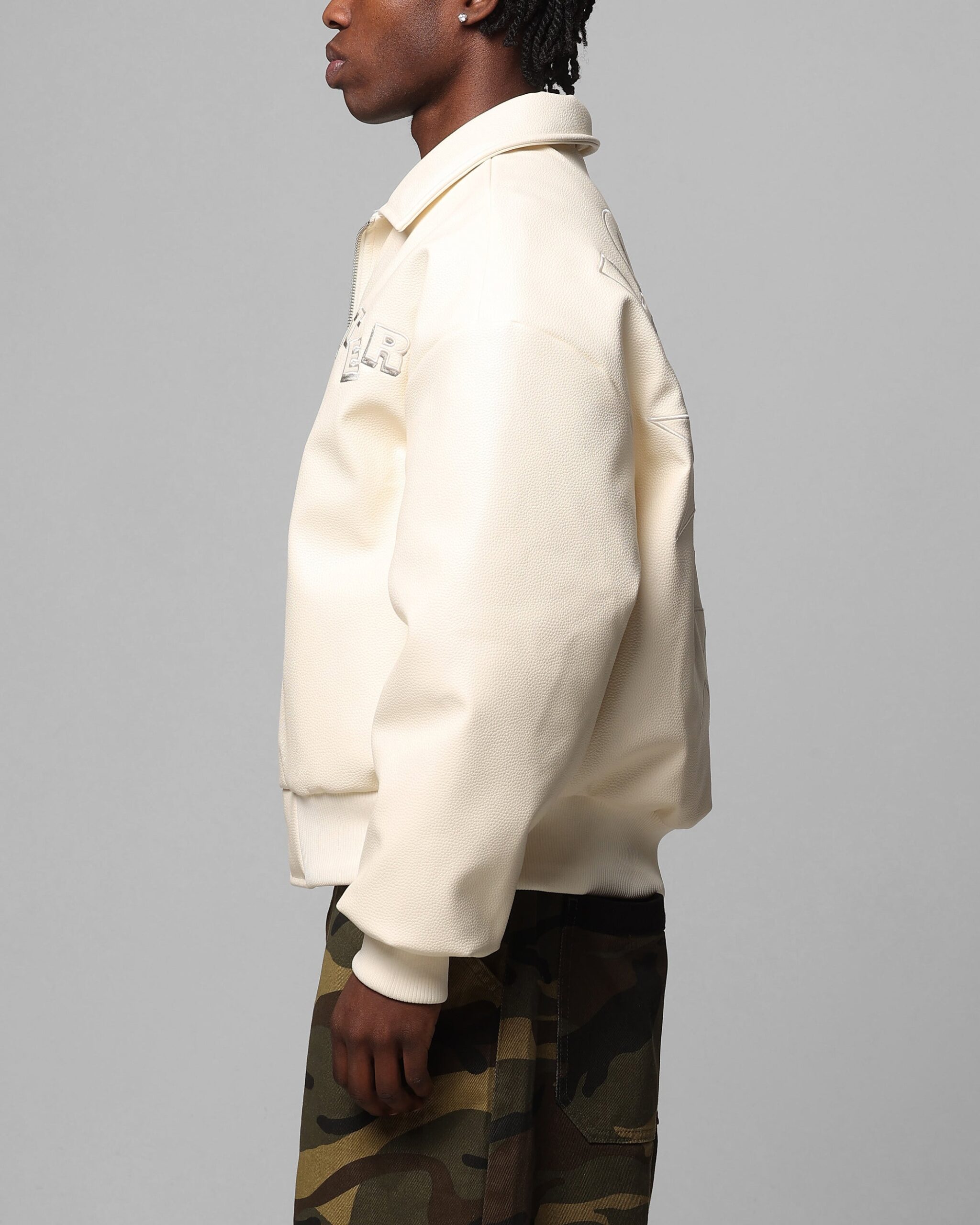 Loiter Solar PU Leather Varsity Jacket Beige