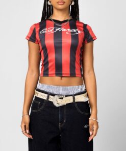 Ed Hardy Women's Football Baby T-Shirt Black/Red