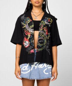Ed Hardy Dragon Button Up Shirt Black