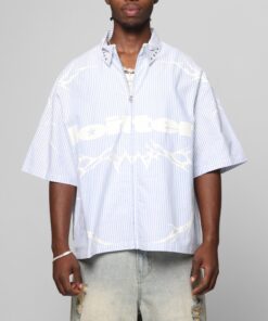 Loiter Cyber Zip Up Short Sleeve Shirt Blue Pin Stripe