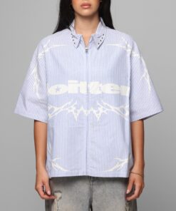 Loiter Cyber Zip Up Short Sleeve Shirt Blue Pin Stripe