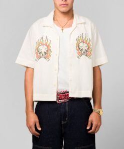 Ed Hardy Flaming Skull Button Up Shirt Off White