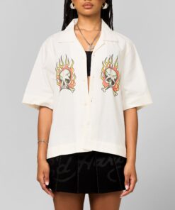 Ed Hardy Flaming Skull Button Up Shirt Off White