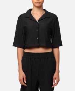 XXIII Women's Cropped Pleated Button Up Shirt Black