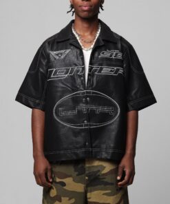 Loiter Motor PU Leather Button Up Shirt Black