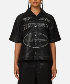 Loiter Motor PU Leather Button Up Shirt Black