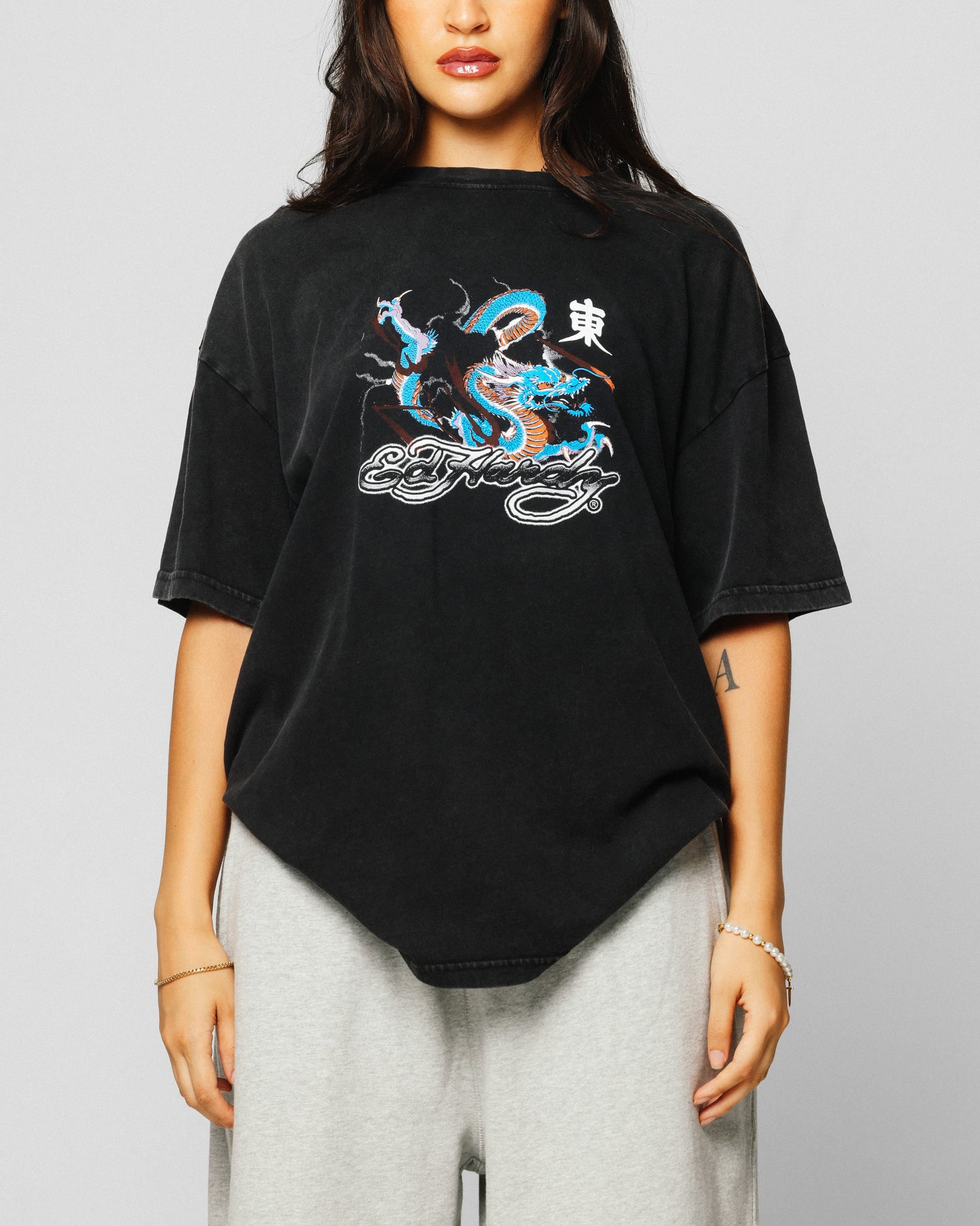 Ed Hardy Dragon Chest T-Shirt Black Acidwash