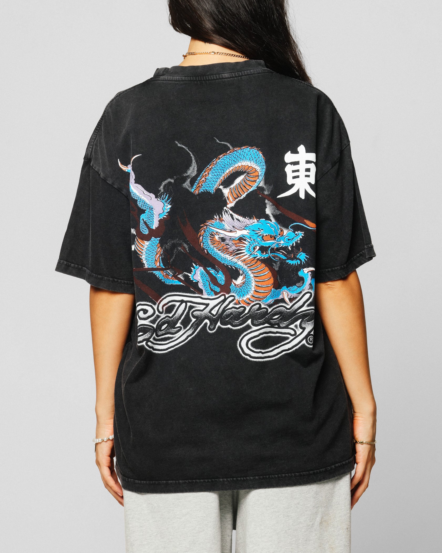 Ed Hardy Dragon Chest T-Shirt Black Acidwash