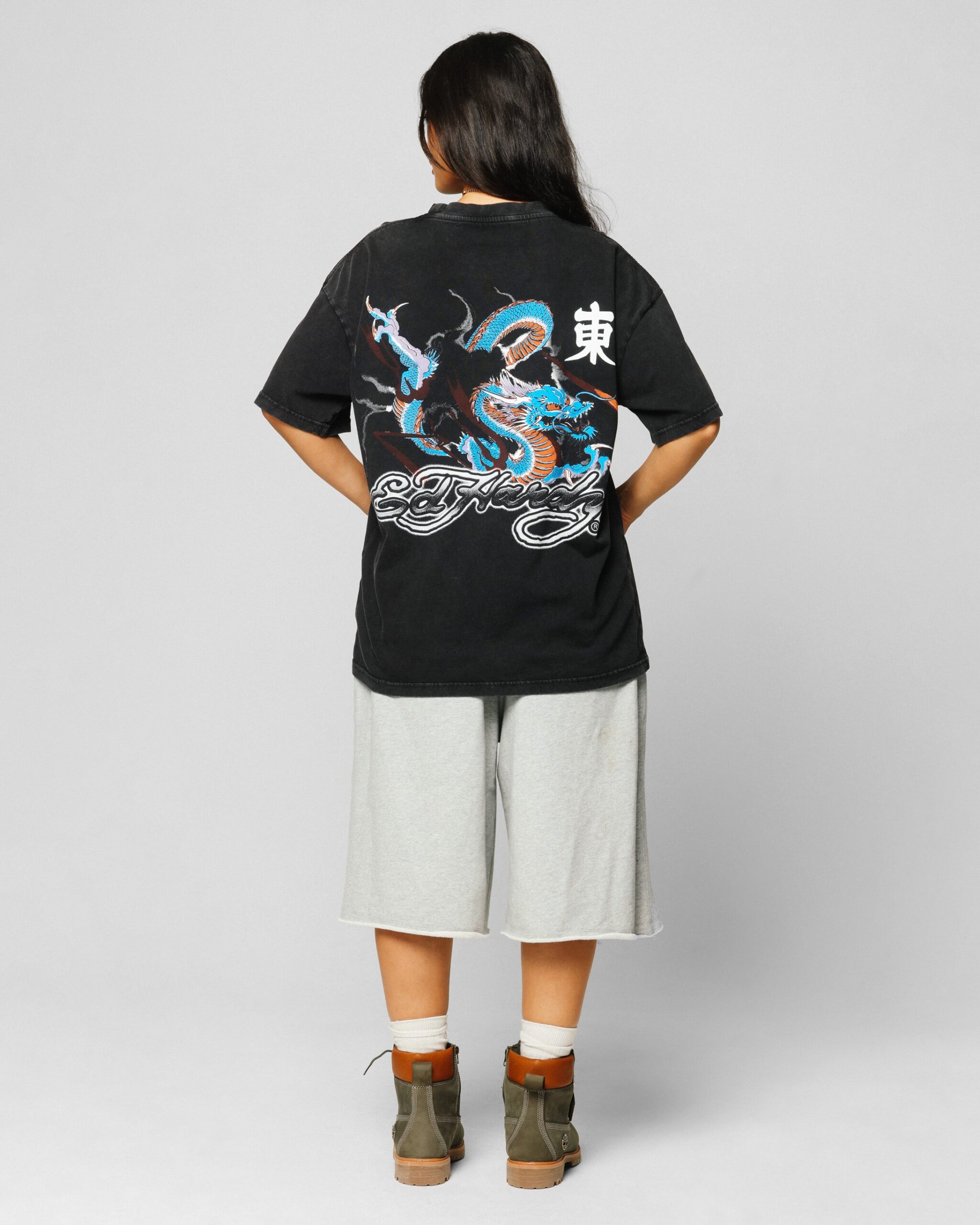 Ed Hardy Dragon Chest T-Shirt Black Acidwash