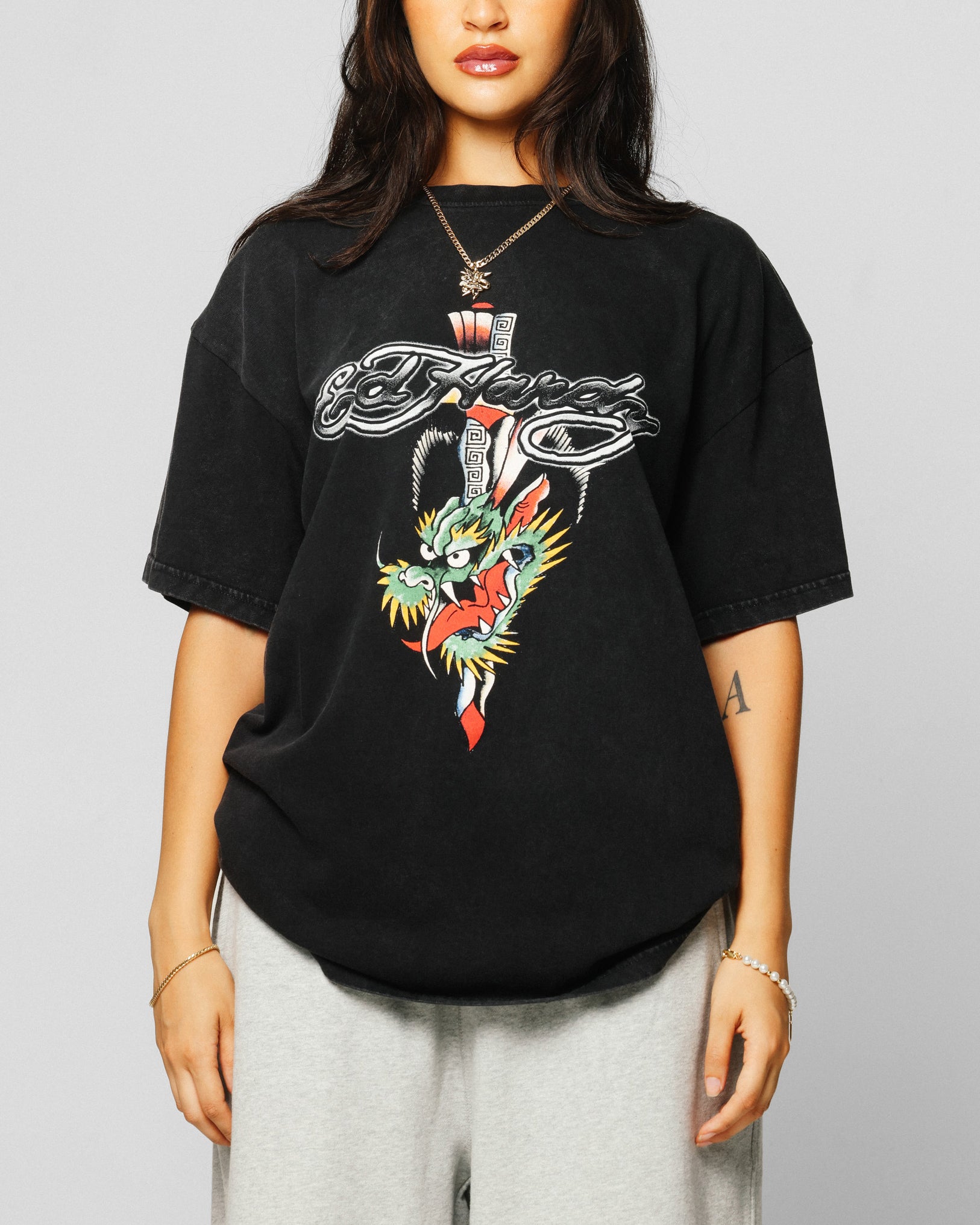 Ed Hardy Dragon Logo T-Shirt Black Acidwash