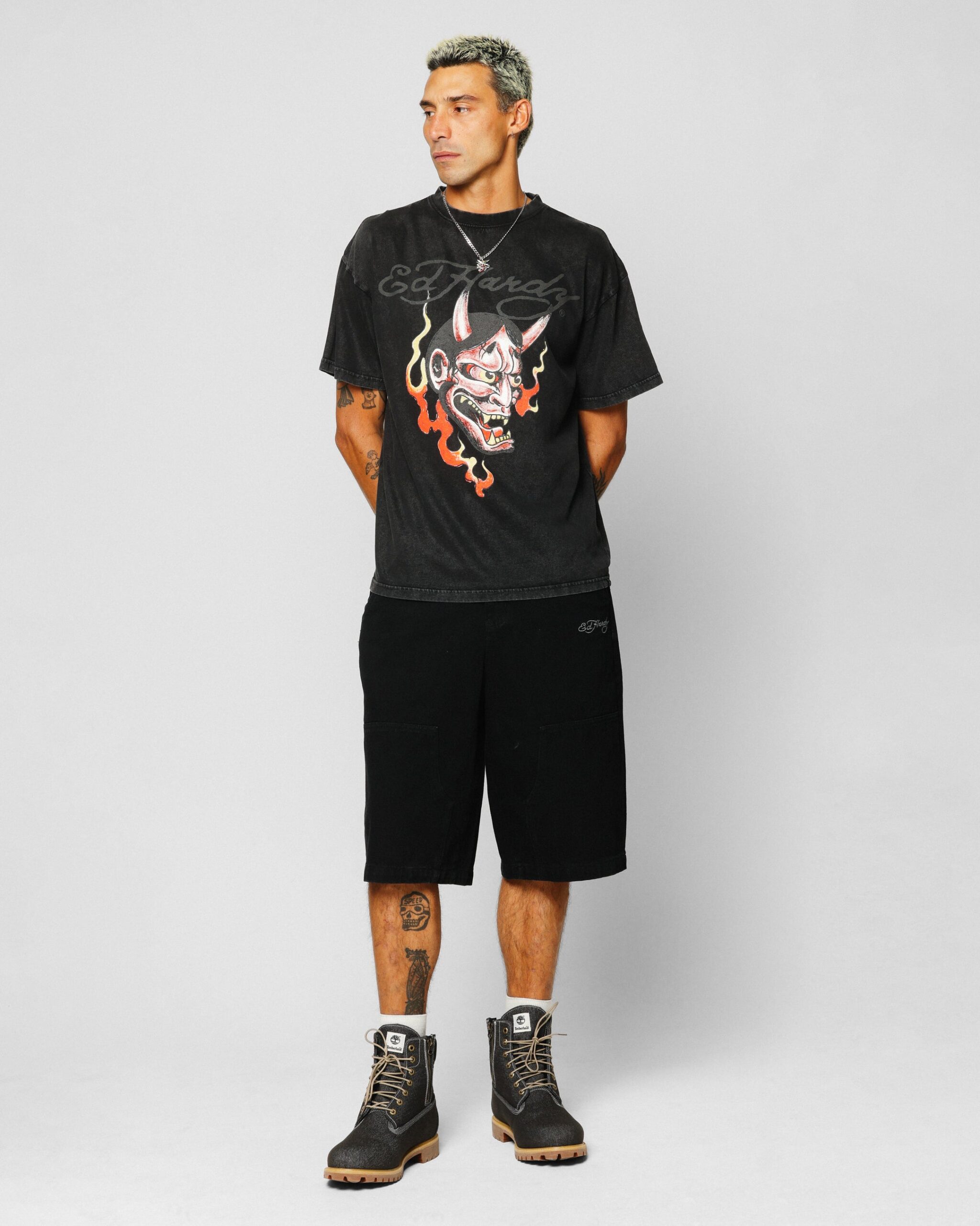 Ed Hardy Horns T-Shirt Black Acidwash