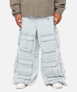 MNML Rave Multi Cargo Denim Pants Light Blue
