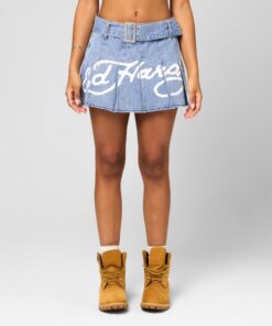 Ed Hardy Women's Pleated Denim Mini Skirt Light Blue Denim