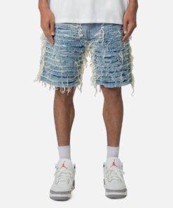 MNML All Over Frayed Denim Shorts Blue